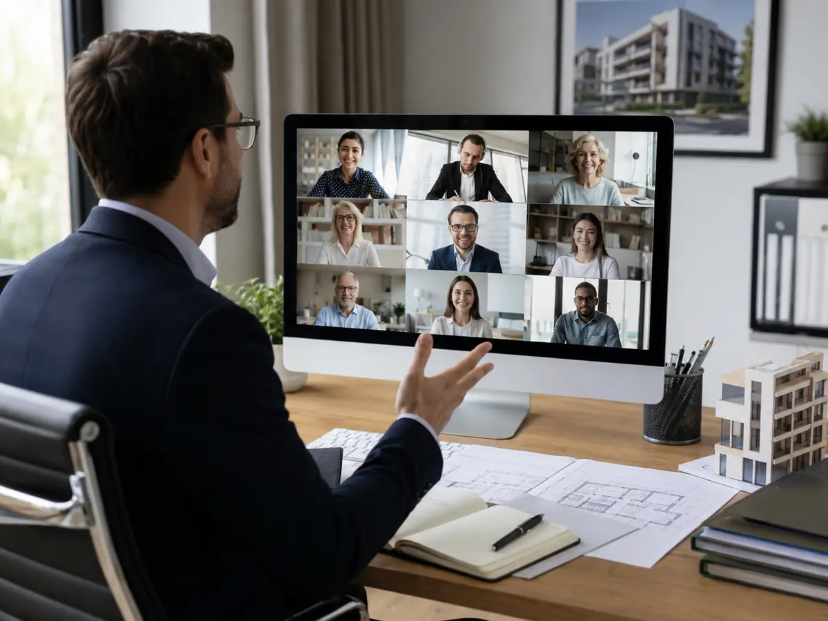 Administrador de fincas en videoconferencia con propietarios de una comunidad